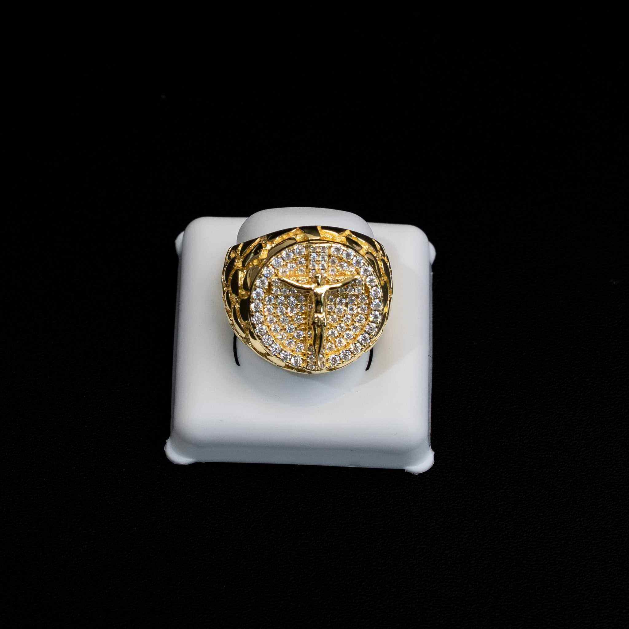 Moissanite Jesus Crucifix Nugget Ring 925 Sterling Silver in 14K Gold