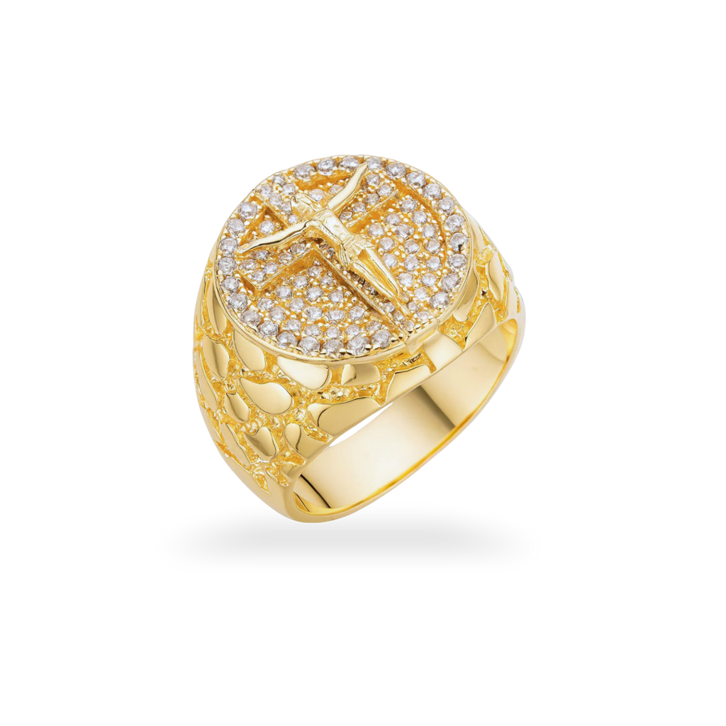 Moissanite Jesus Crucifix Nugget Ring 925 Sterling Silver in 14K Gold
