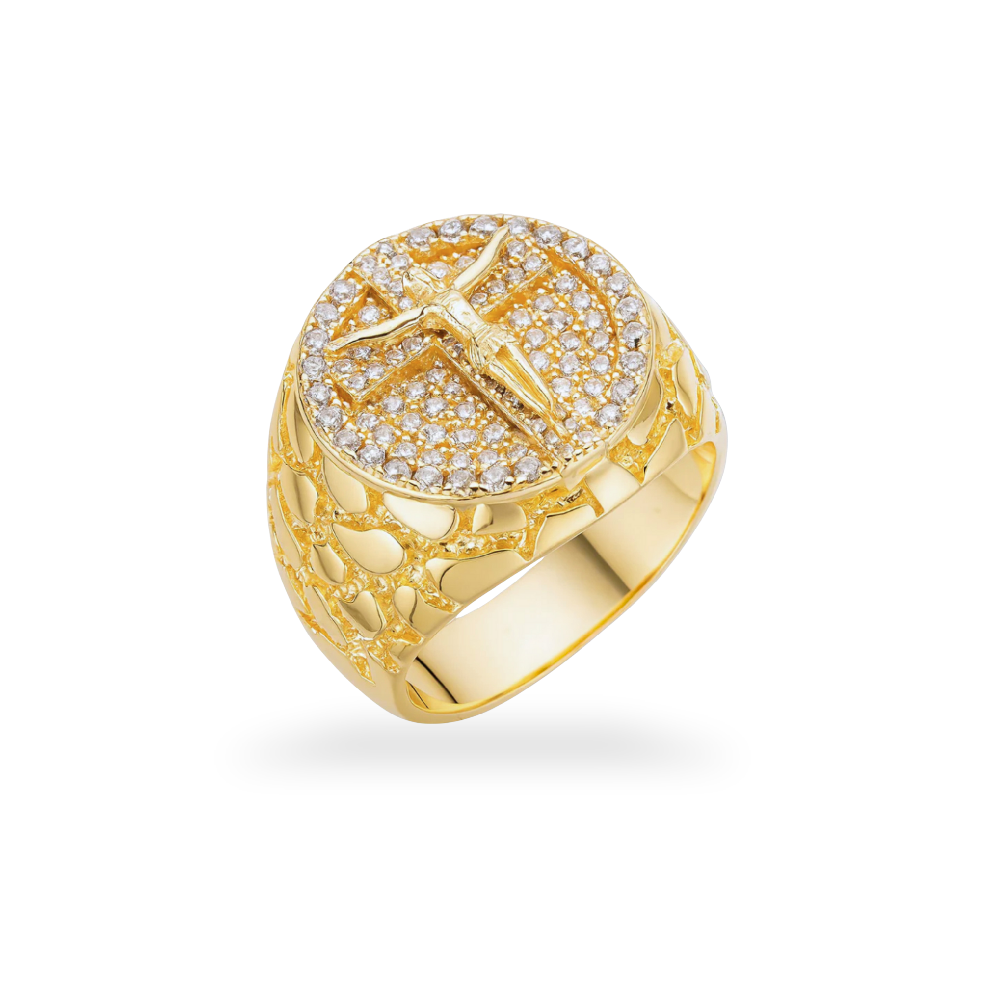 Moissanite Jesus Crucifix Nugget Ring 925 Sterling Silver in 14K Gold